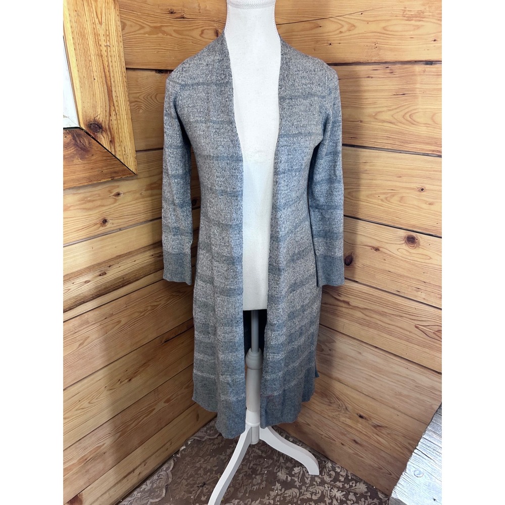 Max Studio‎ Merino Wool Blend Longline Duster Cardigan Gray Striped Large
